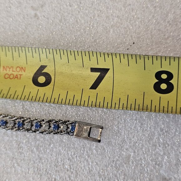 Vintage Silver Tone Tennis Chain Bracelet Blue Clear Rhinestones 7" Signed - Picture 8 of 10